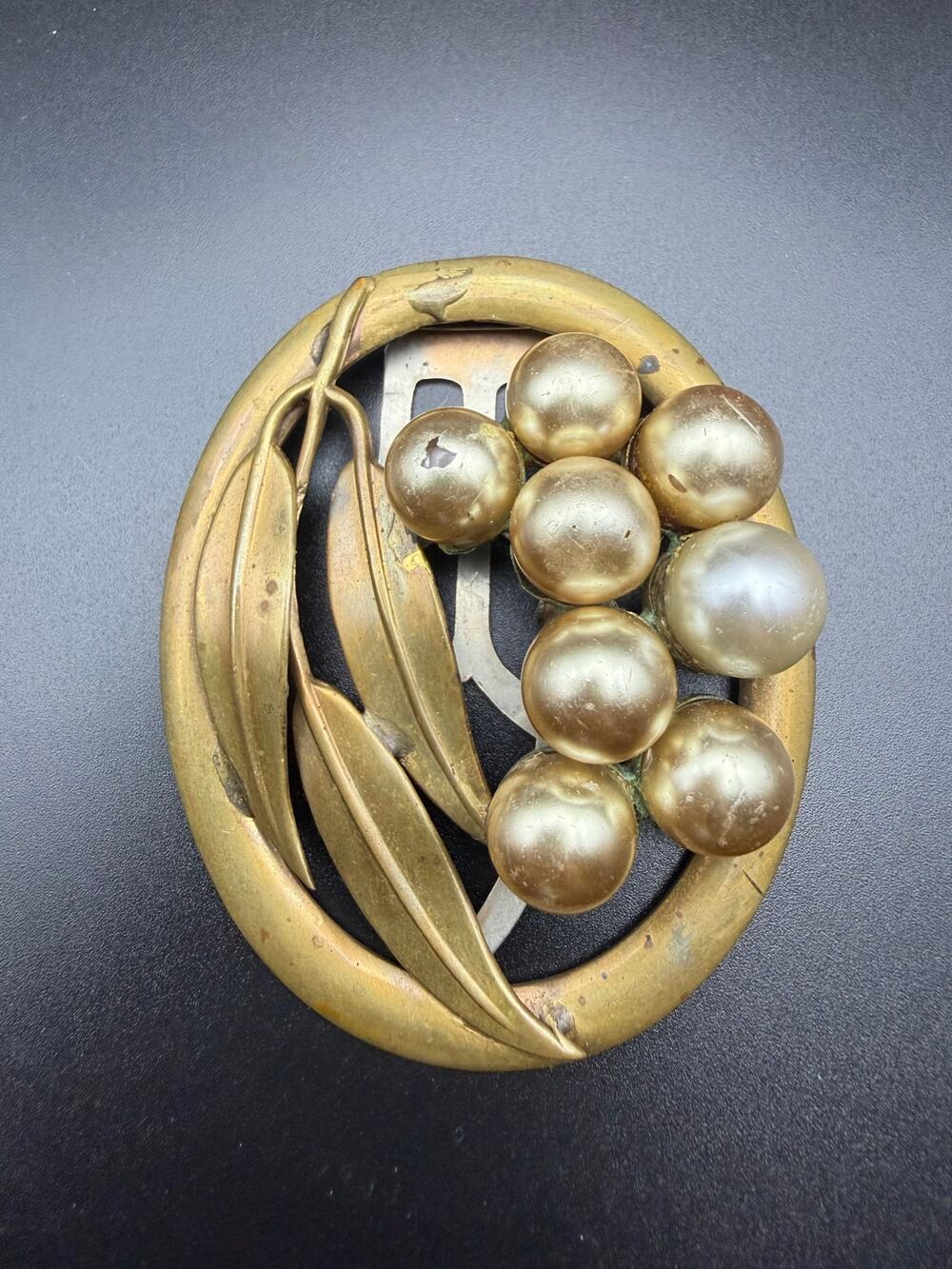 Vintage brass dress clip with faux pearls Art Nouveau botanical chunky